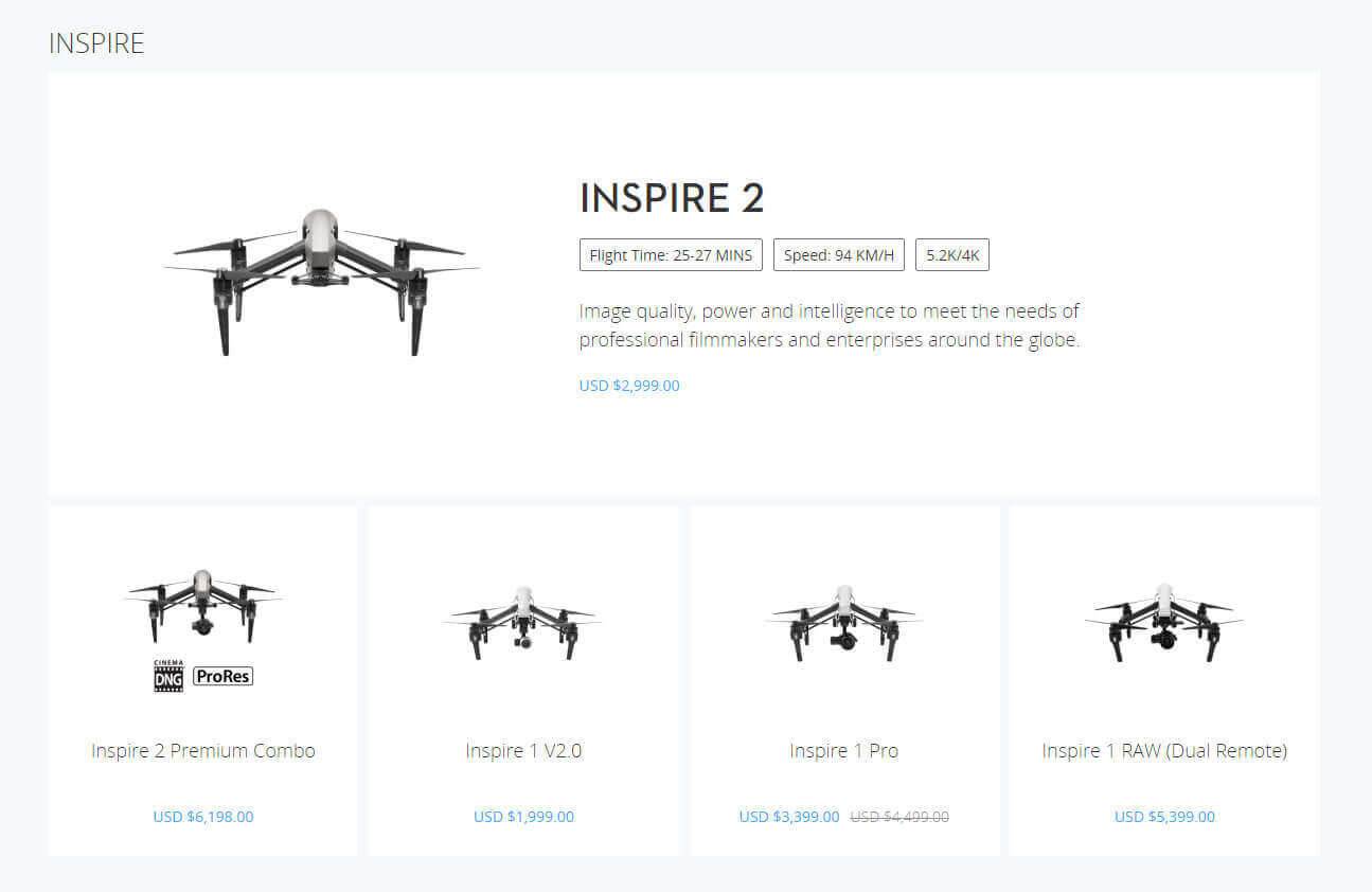 DJI Store Page for Inspire range sUAS News The Business of Drones