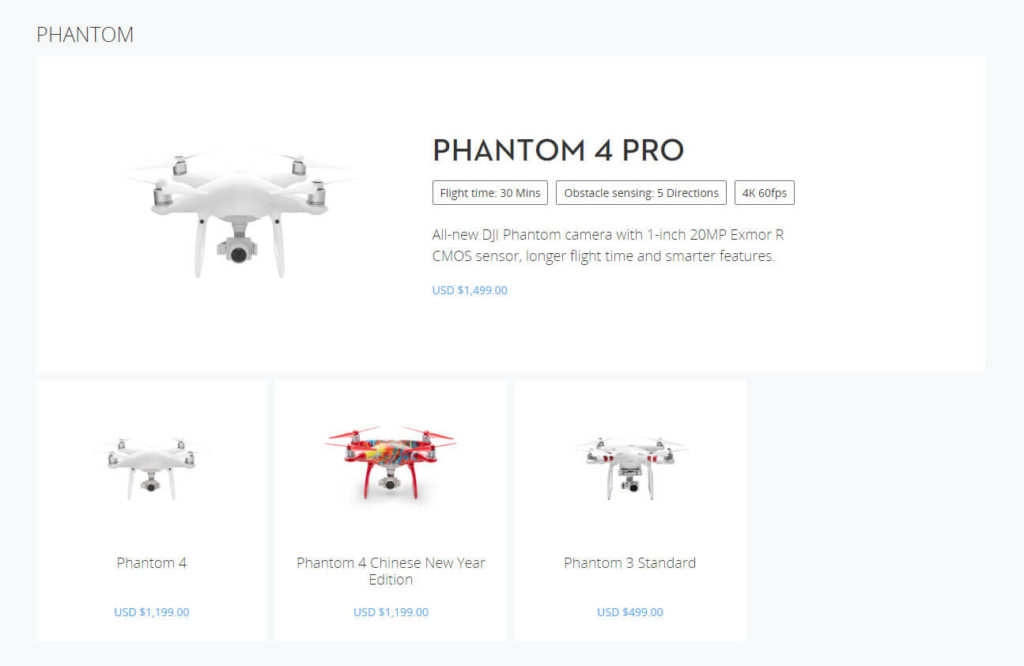 DJI Store Page for Phantom range