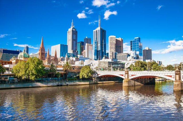 Melbourne skyline looking towards Flinders Street Station. Australia.
